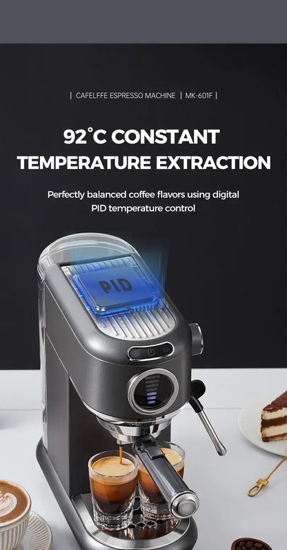 Espresso Machine – Cafe-Quality Drinks + 4-In-1 Capsule Pod NES ESE Ground Coffee showing stainless steel 2-cup PID espresso machine with steam wand