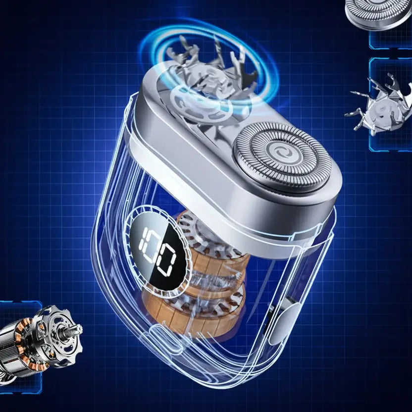 Rechargeable beard shaver showing its advanced dual-head rotary design and internal components for optimal performance.