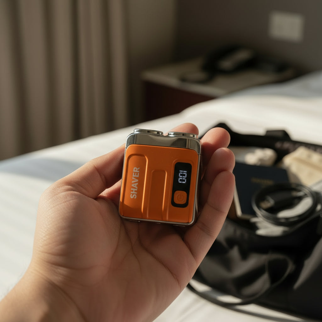 Portable Travel Electric Shaver For Men With Double Floating Magnetic Blade in hand, perfect for grooming on the go.
