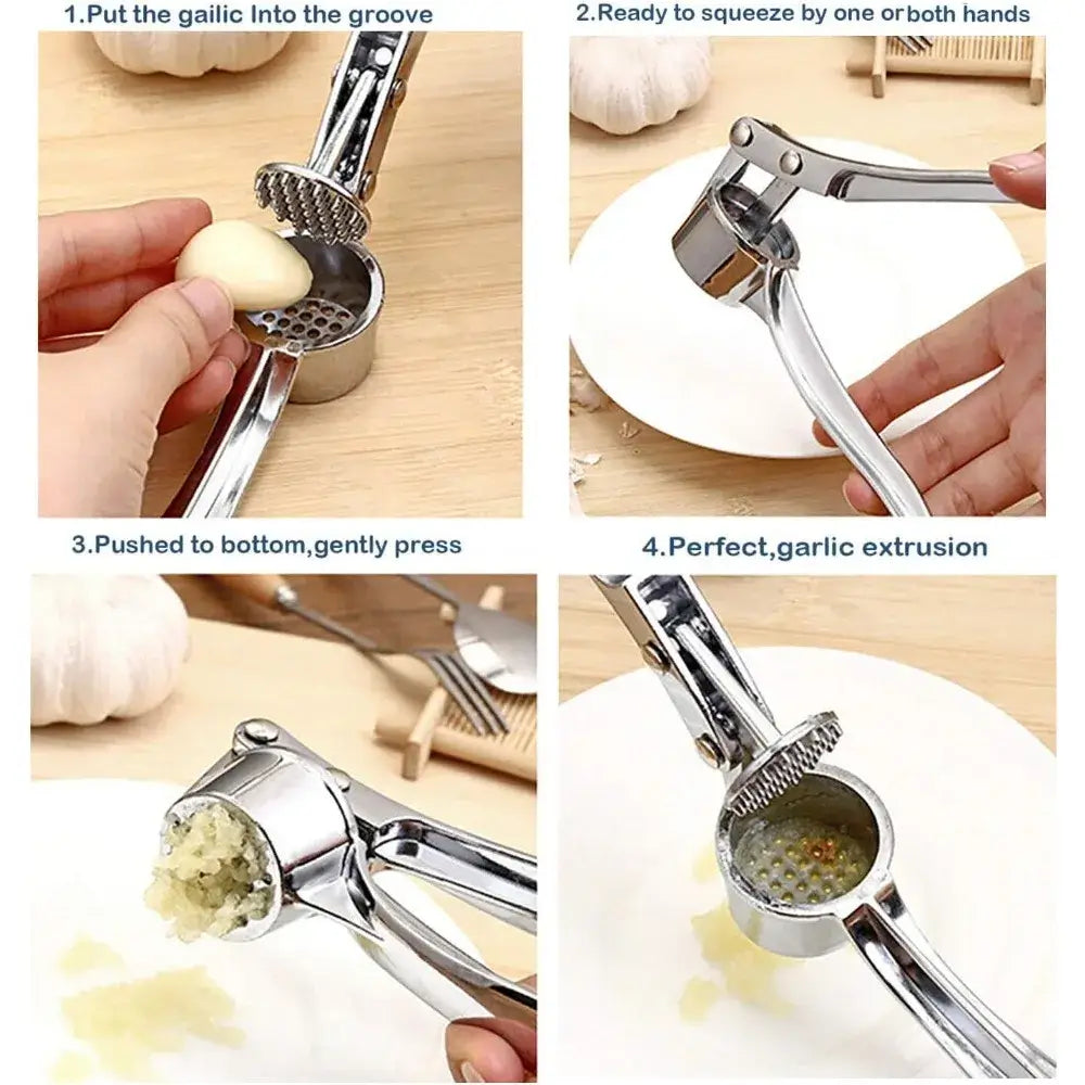 Garlic Press – Silky Mince For Effortless Prep + Heavy-Duty Zinc Alloy Construction showing stainless steel garlic crusher pressing unpeeled clove