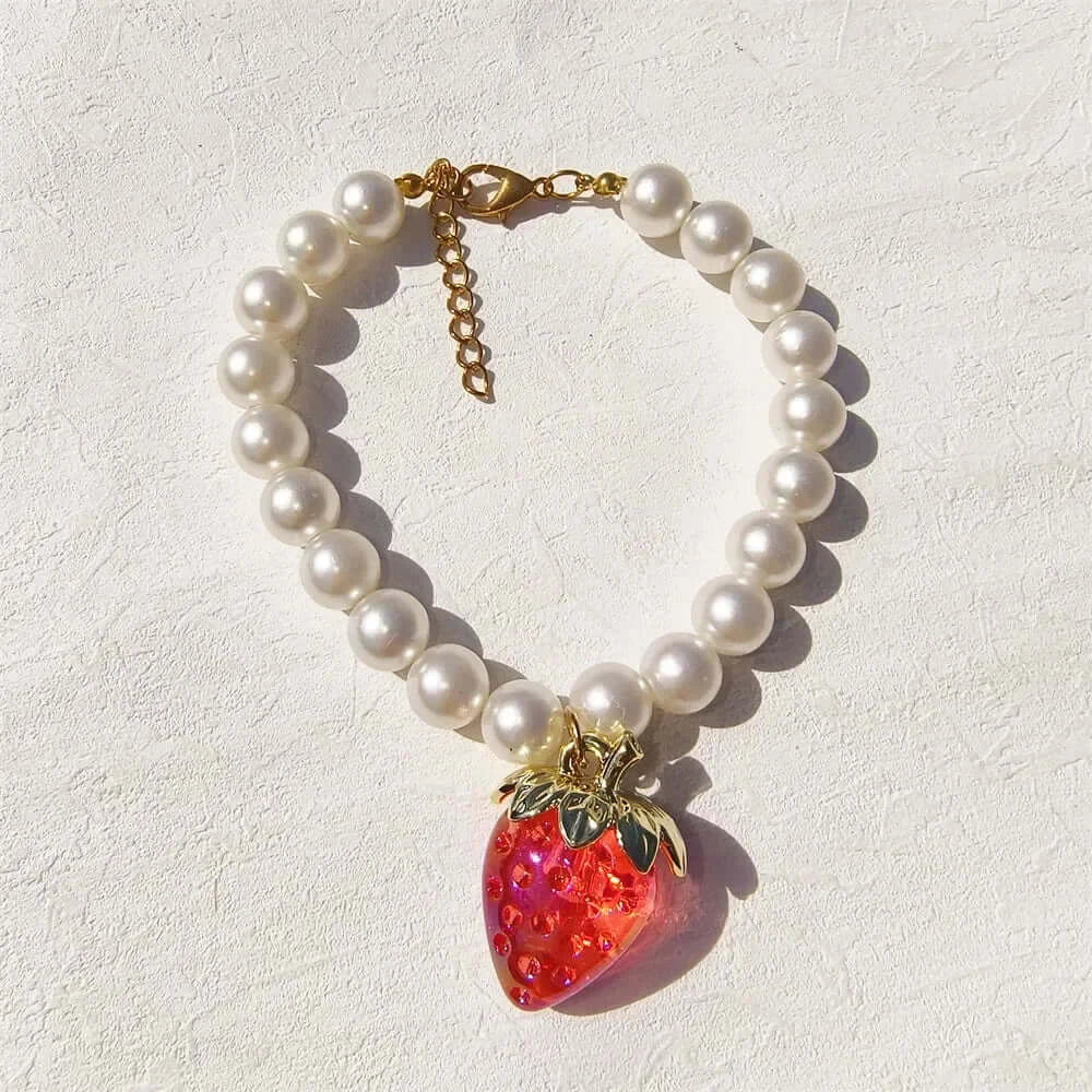Pet Collar With Pearl Necklace - Pet-Safe Comfort + Lightweight Resin Design For Everyday Wear, pearl beads with strawberry pendant for kittens and dogs
