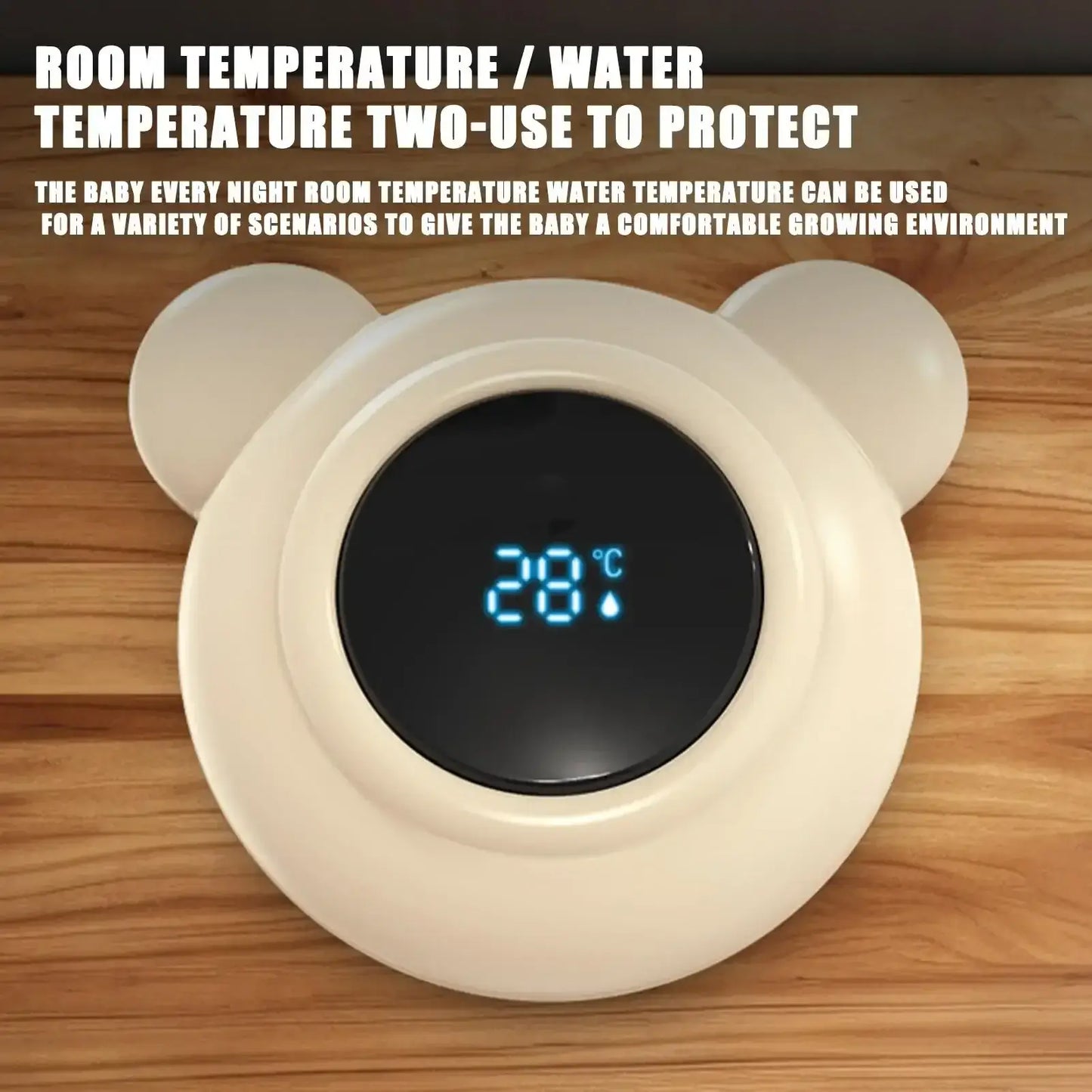 Baby Bath Thermometer – Safe Bath Time + Digital LED Display Waterproof Floating Duck Toy showing 28°C LED reading on white bear-shaped floating thermometer