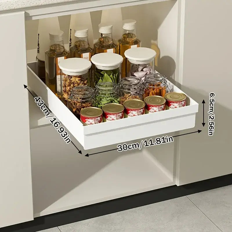 Slide Out Cabinet Organizer No Drill Magic Tray Heavy Duty Space Saver Under Sink - white slide-out tray storing jars and bottles