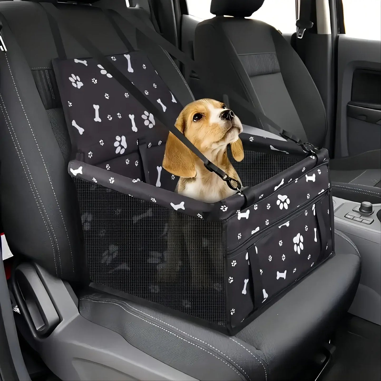Pet Booster Seat – Safer Rides + Adjustable Seat Belt dog in breathable travel booster seat with adjustable safety belt