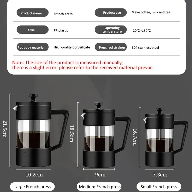French Press - Bold Flavor + Heat Resistant Borosilicate Glass 350/600/1000ml thickened borosilicate glass French press