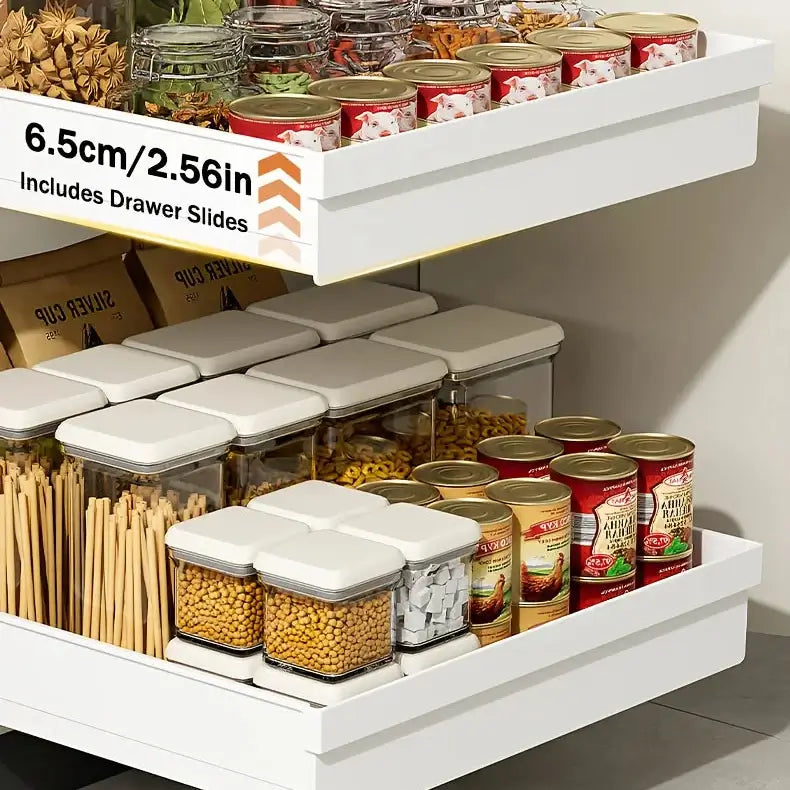 Slide Out Cabinet Organizer No Drill Magic Tray Heavy Duty Space Saver Under Sink showing white slide-out trays with jars and cans