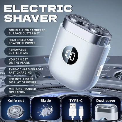 Rechargeable beard shaver with high speed, waterproof design, dual-head rotary, and fast charging Type-C port.