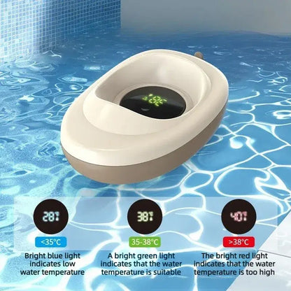 Digital baby bath thermometer floating in water, displaying temperature readings for safe bath time.