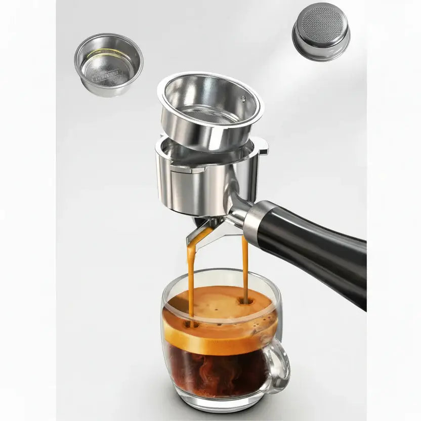 Semi Automatic Espresso Machine – Temperature Adjustable + 20 Bar Extraction, 51mm portafilter pouring crema into glass cup