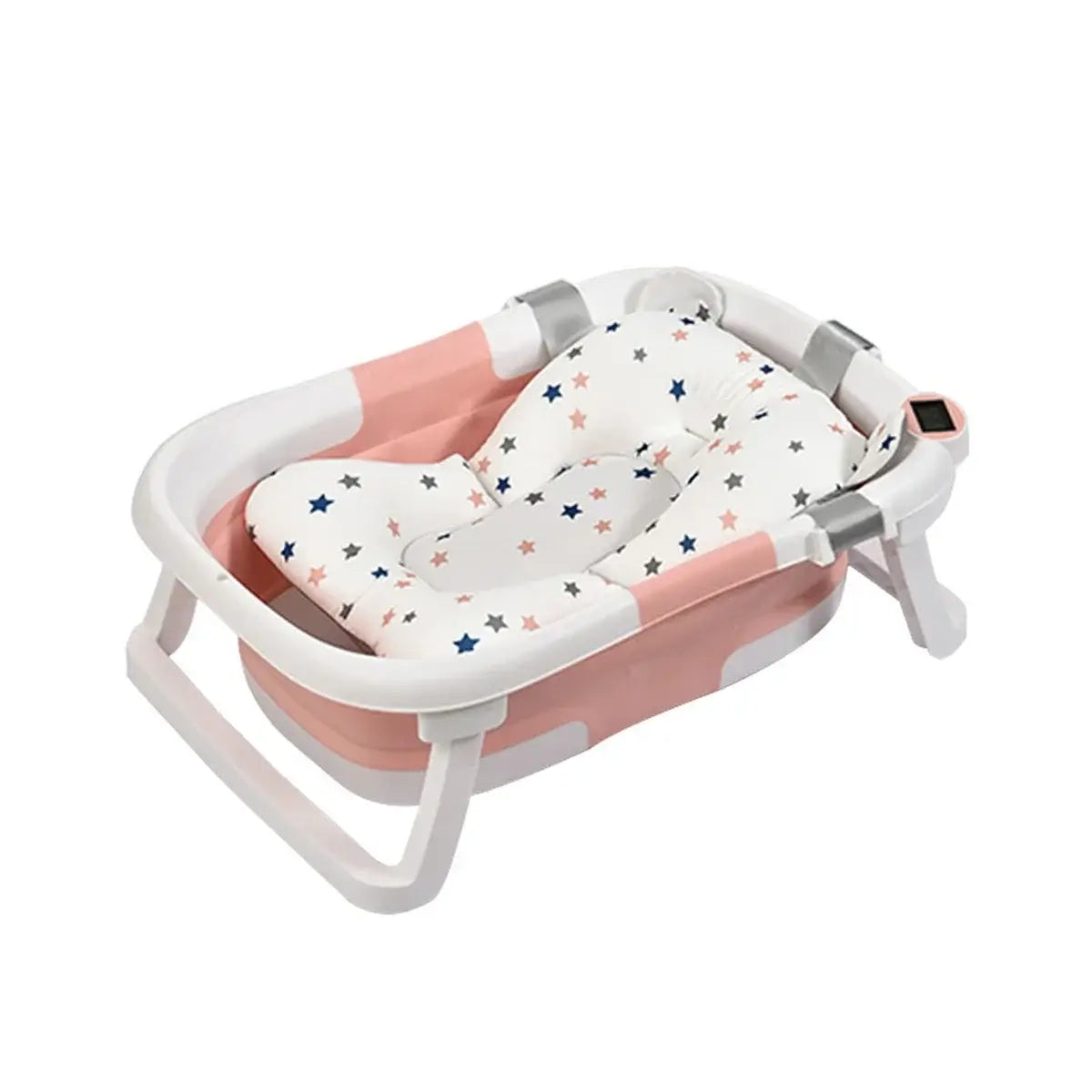 Foldable newborn baby bath tub with a star-patterned cushion for infants, designed for easy storage and comfort.