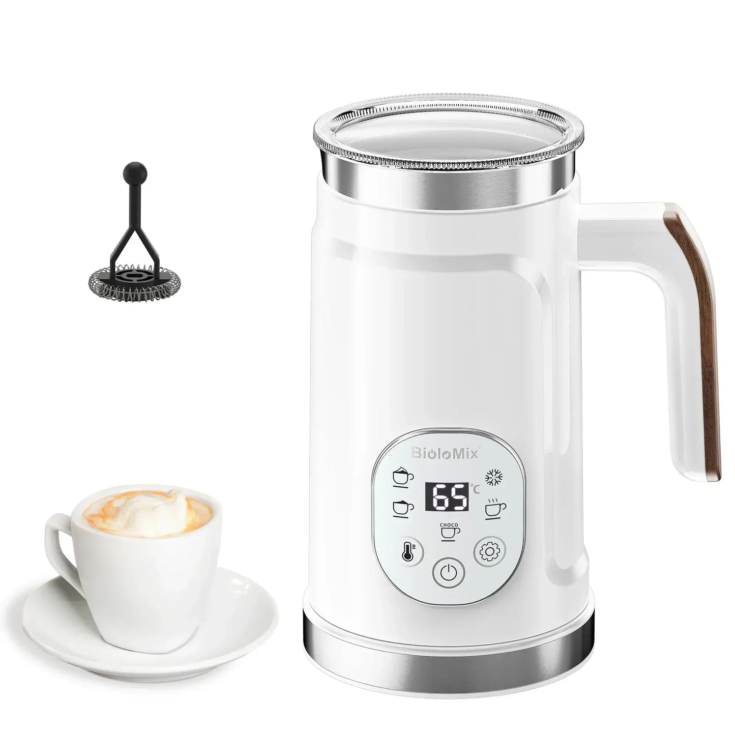 Alt Tag: Milk Frother – Cafe-Quality Foam + 5-in-1 Function – white BioloMix frother with LED display, cup of latte and whisk accessory