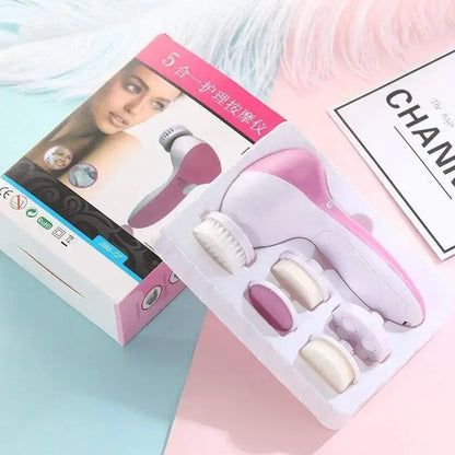 5-in-1 Electric facial cleansing brush and massager in pink with multiple brush heads and packaging
