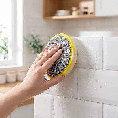 Sponge Scourers – Mess-Free Everyday Cleaning + Dual-Sided Design: hand scrubbing tiled wall with round dual-sided non-scratch sponge