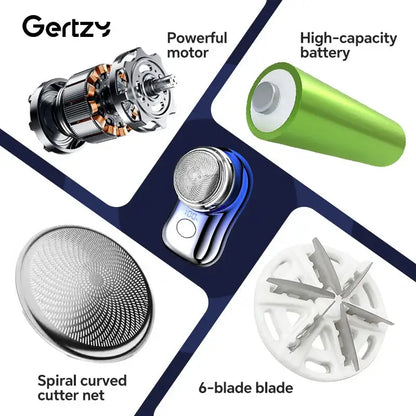 Rechargeable electric shaver for men featuring powerful motor, high-capacity battery, spiral curved cutter net, and 6-blade design.