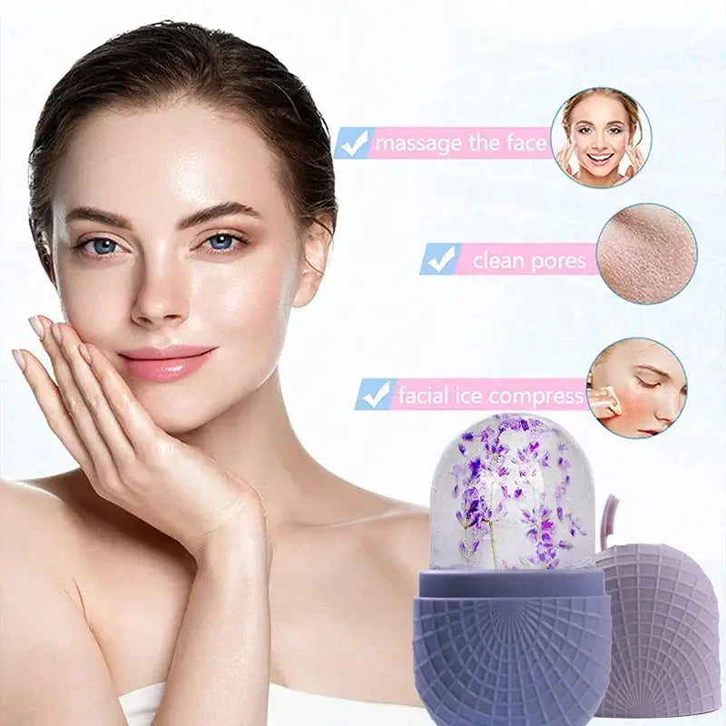 Premium Face Ice Roller For Face And Eyes – Cooling + Leak-Proof Silicone Ice Mold showing woman with cooled skin and silicone ice mold