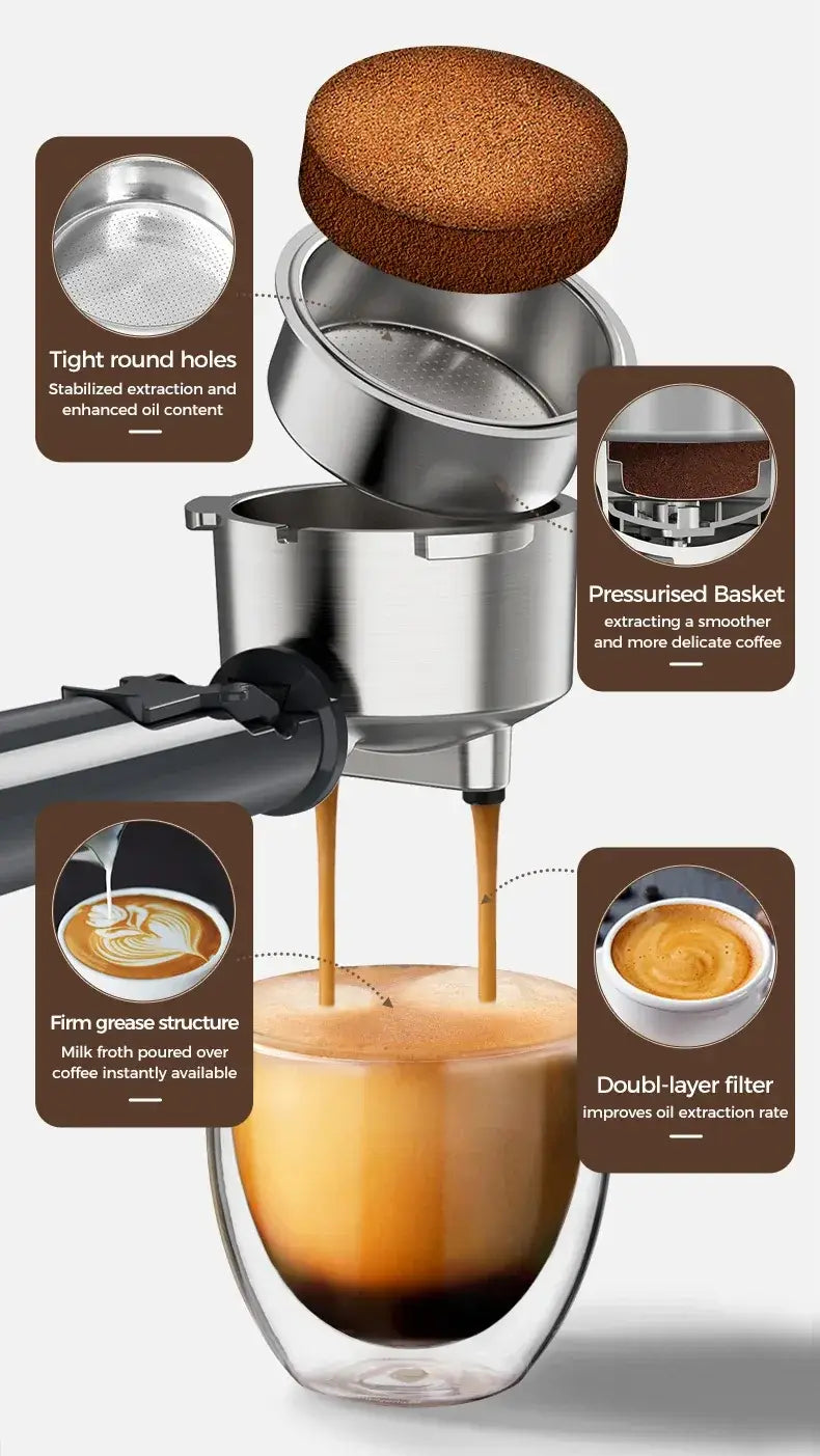 Espresso Machine – Cafe-Quality Drinks + 4-In-1 Capsule Pod NES ESE Ground Coffee stainless steel 2-cup portafilter producing crema