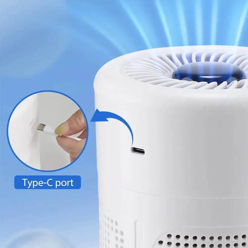 Close-up of Type-C port on a compact desktop air purifier for easy USB connectivity.