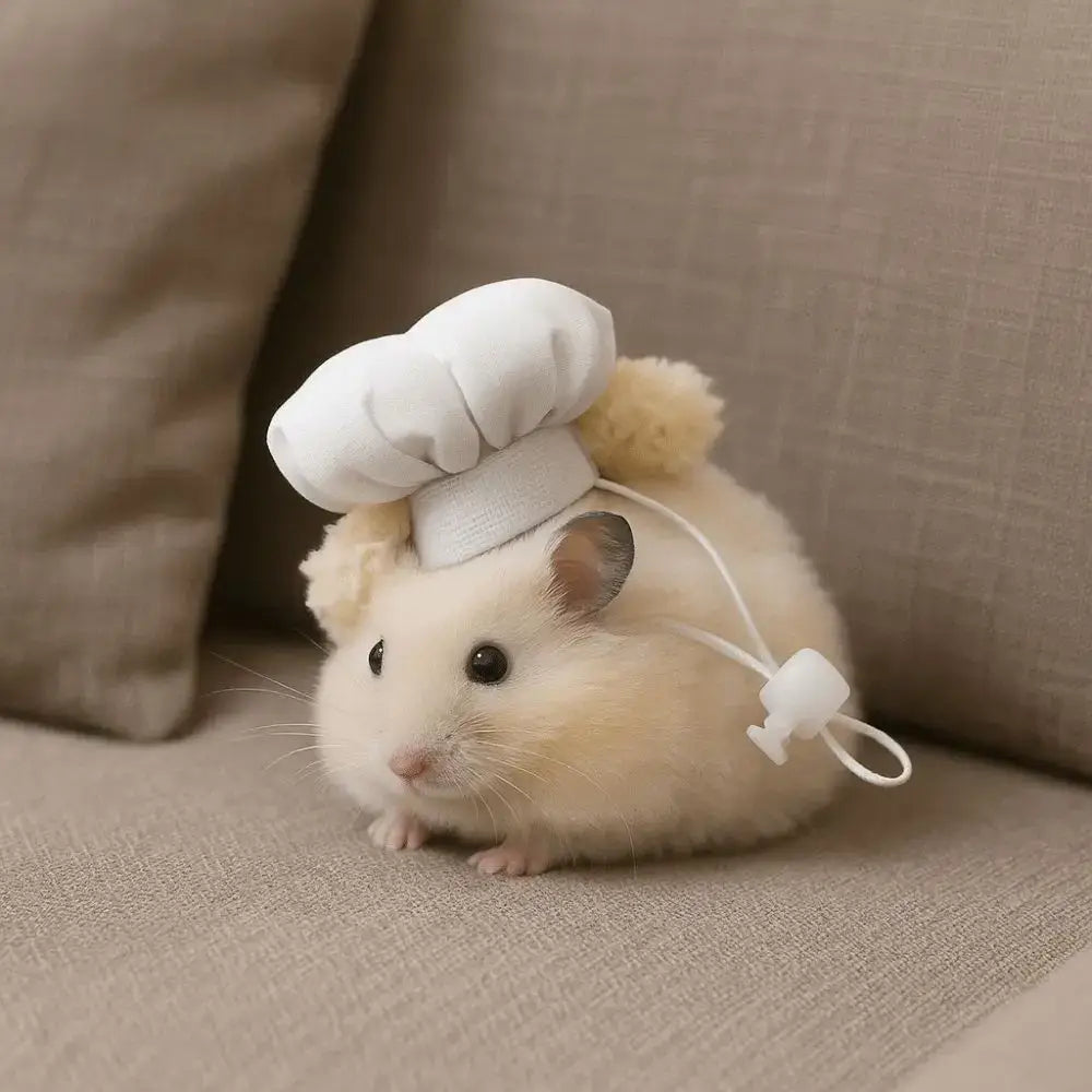Hamster Chef Hat – Breathable Comfort All Day Wear + Adjustable Fit For Plush Ears cute white chef hat on light beige hamster with adjustable elastic band