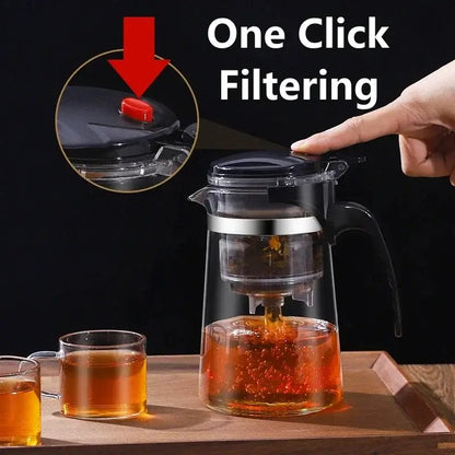 Glass Teapot 1L – Rich Aroma + One-Click Filter System showing one-click filtering in use with tea flowing into glass carafe