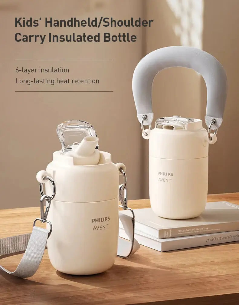 Avent Kids Vacuum Bottle For All-Day Temperature Control displayed with 6-layer insulation and shoulder strap for easy carry.