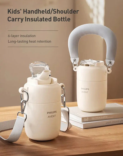 Avent Kids Vacuum Bottle For All-Day Temperature Control displayed with 6-layer insulation and shoulder strap for easy carry.