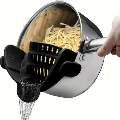 Pot Strainer – Mess-Free Draining + Clip-On Adjustable Stainless Steel attached to pot straining spaghetti without spills