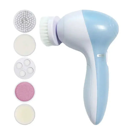 5-in-1 Electric facial cleansing brush and massager handheld blue spa device with five interchangeable heads