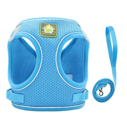 Pet Harness And Leash Set Adjustable Breathable Escape Proof Vest Reflective Collar For Dogs And Cats - blue breathable escape-proof vest with leash