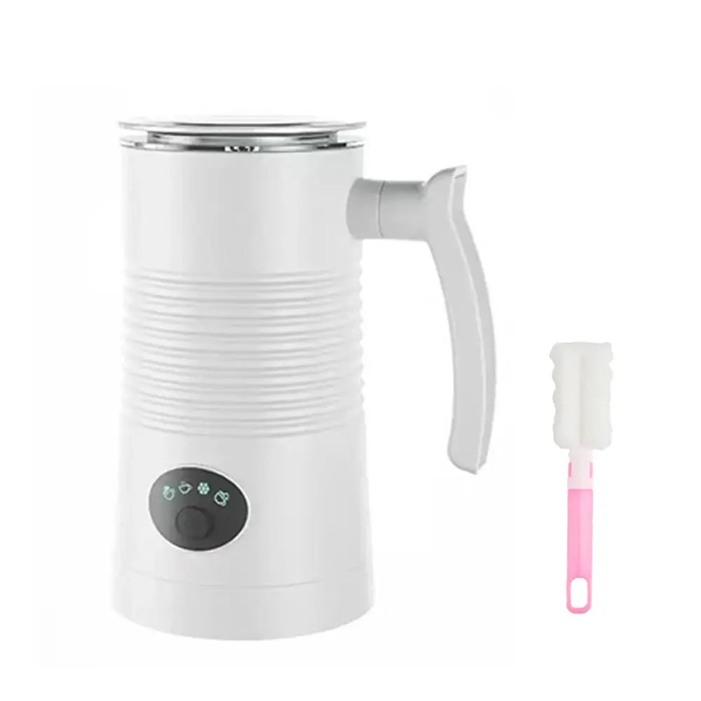 Milk Frother - Café-Quality Foam In Seconds + 4-In-1 white electric 4-in-1 automatic rotary milk frother with handle and cleaning brush