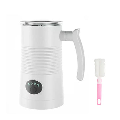 Milk Frother - Café-Quality Foam In Seconds + 4-In-1 white electric 4-in-1 automatic rotary milk frother with handle and cleaning brush