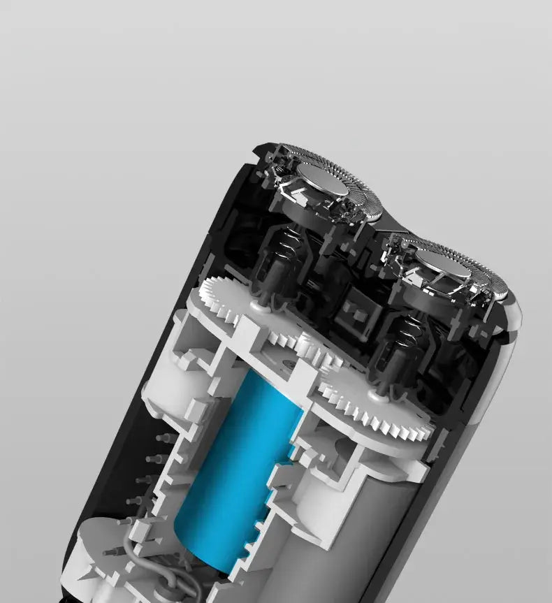 Cross-section of XIAOMI MIJIA S100 electric shaver with twin blades, gears, and blue battery.