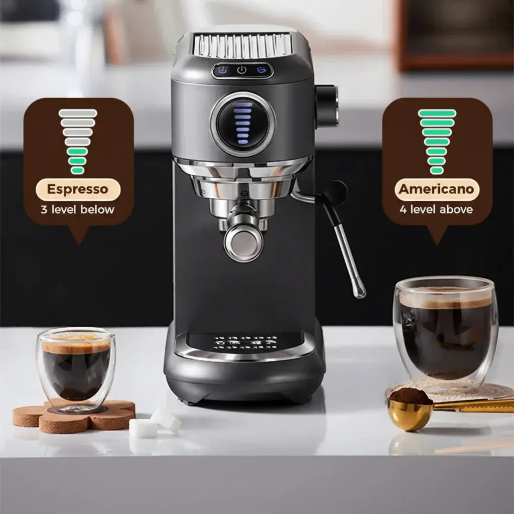 Espresso Machine – Cafe-Quality Drinks + 4-In-1 Capsule Pod NES ESE Ground Coffee front view of stainless steel 2-cup espresso cappuccino maker