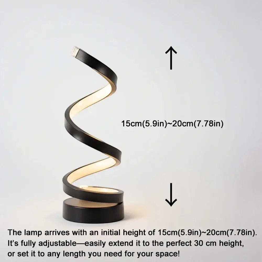 LED Spiral Table Lamp With Adjustable Brightness showing height adjustment from 15cm to 30cm.