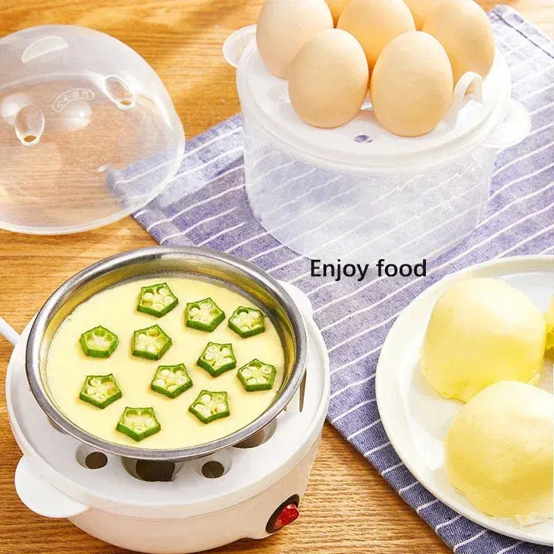 Fast electric egg and veggie cooker with eggs and steamed food on a kitchen countertop.