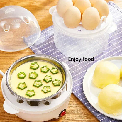 Fast electric egg and veggie cooker with eggs and steamed food on a kitchen countertop.