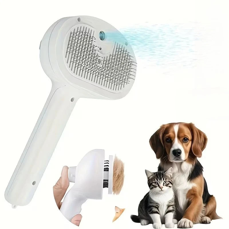 Multifunctional pet grooming tool with steam spray and hair removal brush for cats and dogs.