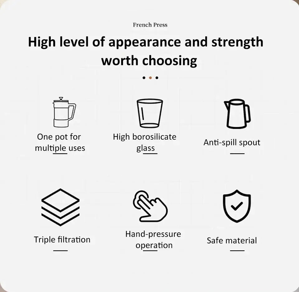 French Press - Bold Flavor + Heat Resistant Borosilicate Glass 350/600/1000ml pot with heat-resistant borosilicate glass, anti-spill spout, triple filtration