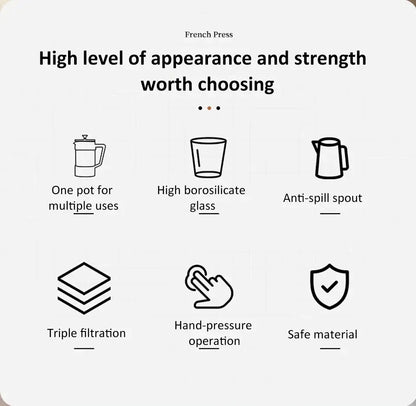 French Press - Bold Flavor + Heat Resistant Borosilicate Glass 350/600/1000ml pot with heat-resistant borosilicate glass, anti-spill spout, triple filtration