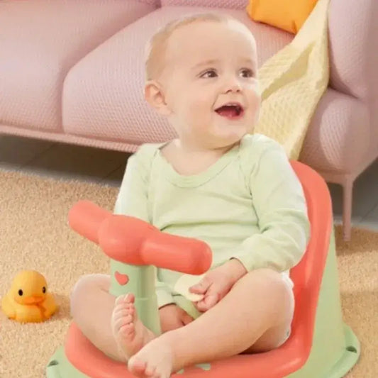 Anti-Slip Baby Bath Seat With Suction Cup Base and Detachable Armrests for safe bathing experience.