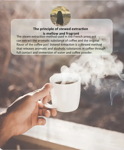 French Press - Bold Flavor + Heat Resistant Borosilicate Glass image showing hand holding steaming cup and stewed extraction description