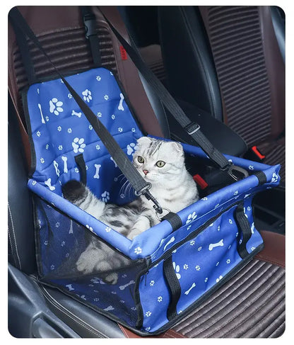 Pet Booster Seat – Safer Rides + Adjustable Seat Belt, blue breathable car booster seat with cat secured by adjustable safety belt