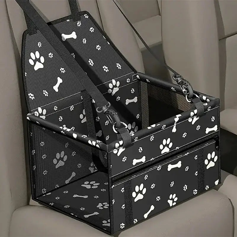 Pet Booster Seat – Safer Rides + Adjustable Seat Belt black paw print car booster seat with adjustable safety belt