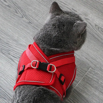 Pet Harness And Leash Set Adjustable Breathable Escape Proof Vest Reflective Collar For Dogs And Cats - red breathable escape-proof cat harness with leash D-rings