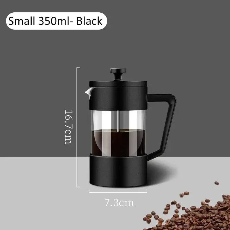 French Press - Bold Flavor + Heat Resistant Borosilicate Glass 350ml black French press with handle and measurements