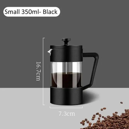 French Press - Bold Flavor + Heat Resistant Borosilicate Glass 350ml black French press with handle and measurements