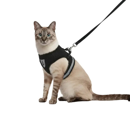 Pet Harness And Leash Set Adjustable Breathable Escape Proof Vest Reflective Collar For Dogs And Cats - black cat wearing breathable escape-proof vest with leash
