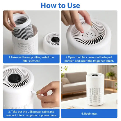 How to use the compact desktop air purifier with filter installation and USB power connection steps.