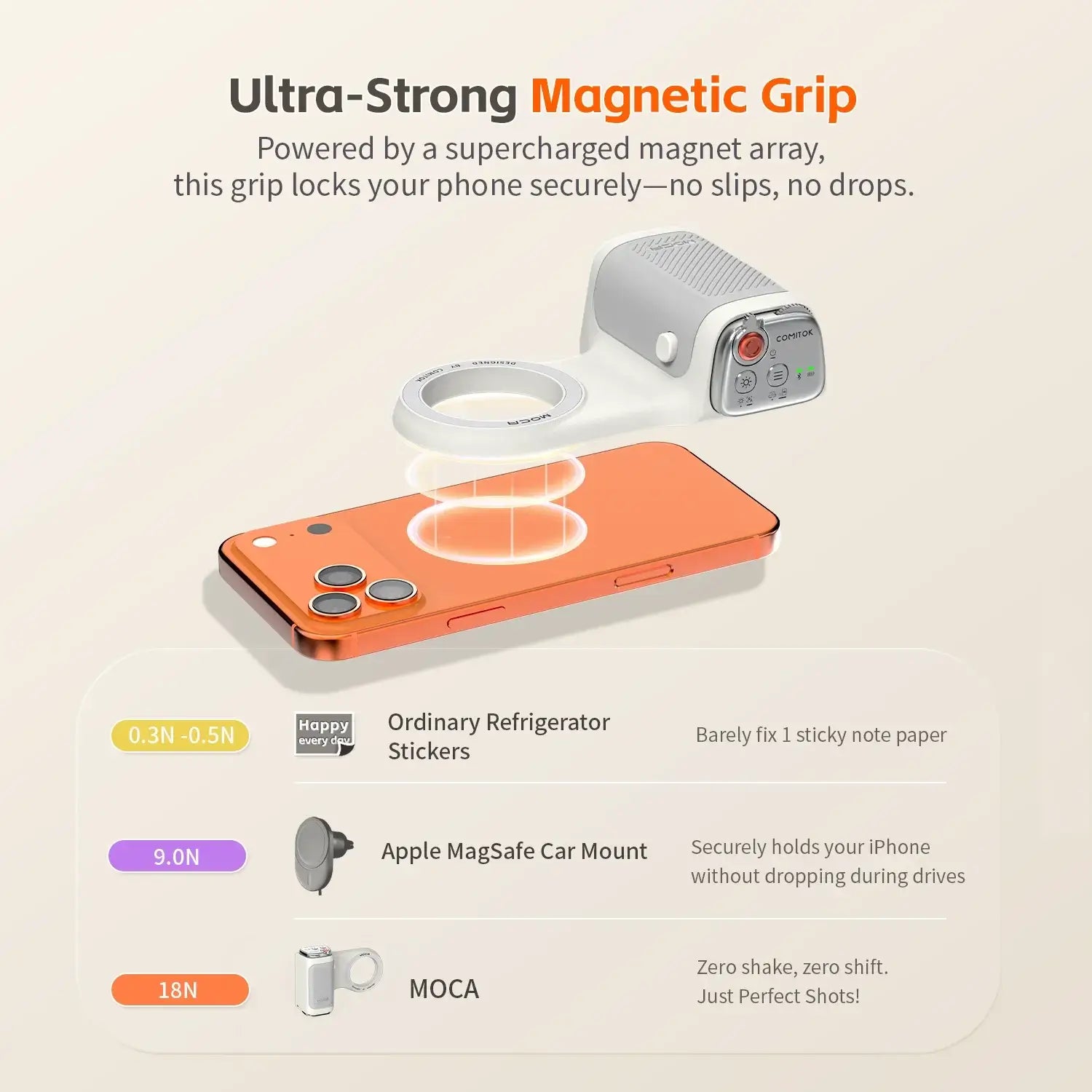 Magnetic Phone Grip With Remote Control and Handle Stabilizer — COMITOK magnetic phone camera hand grip with Bluetooth remote for steady shots