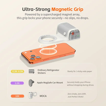 Magnetic Phone Grip With Remote Control and Handle Stabilizer — COMITOK magnetic phone camera hand grip with Bluetooth remote for steady shots