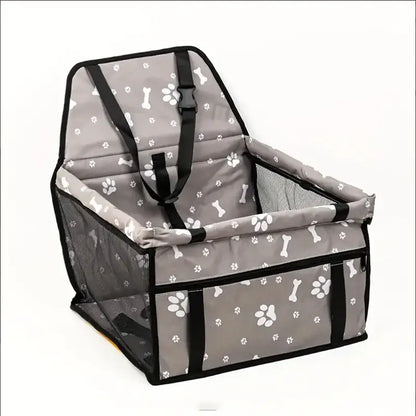 Pet Booster Seat – Safer Rides + Adjustable Seat Belt gray paw-print travel carrier with mesh sides and adjustable safety belt